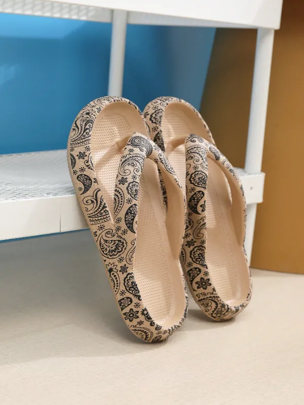 Thick Sole Non-Slip EVA Comfortably Soft and Cushy Stylized Flip-Flops, Paisley Floral Pattern