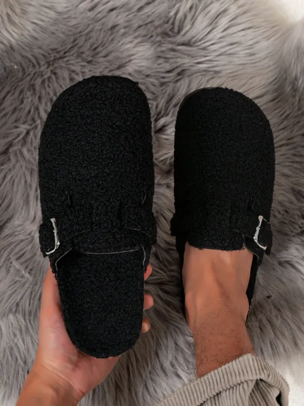 Trendy Fashion Men's Vintage Slip-On Loafers - Casual Mules with Buckle Strap, Black Soft Fleece