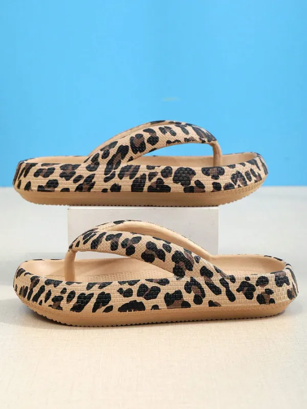 Women's Thick Sole Non-Slip EVA Comfortably Soft and Cushy Stylized Flip-Flops, Leopard Skin Pattern