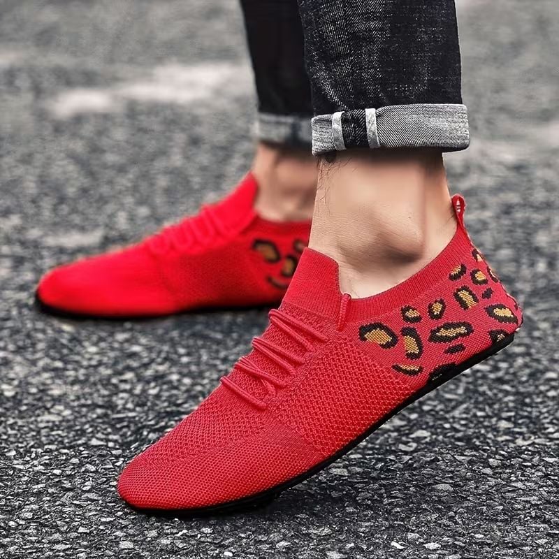 Men's Red Knit Casual Sneakers - Breathable Low-Top Lace-Up Shoes with Rubber Sole Comfortable Walking Shoes, Leopard Print Accent, Flexible Footwear