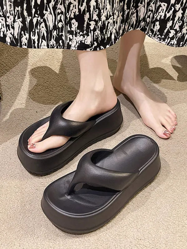 Women's 6.5cm Thick-Sole EVA, Soft Bottom Non-Slip Fashionable Goddess Style Wedge Flip Flops, Black