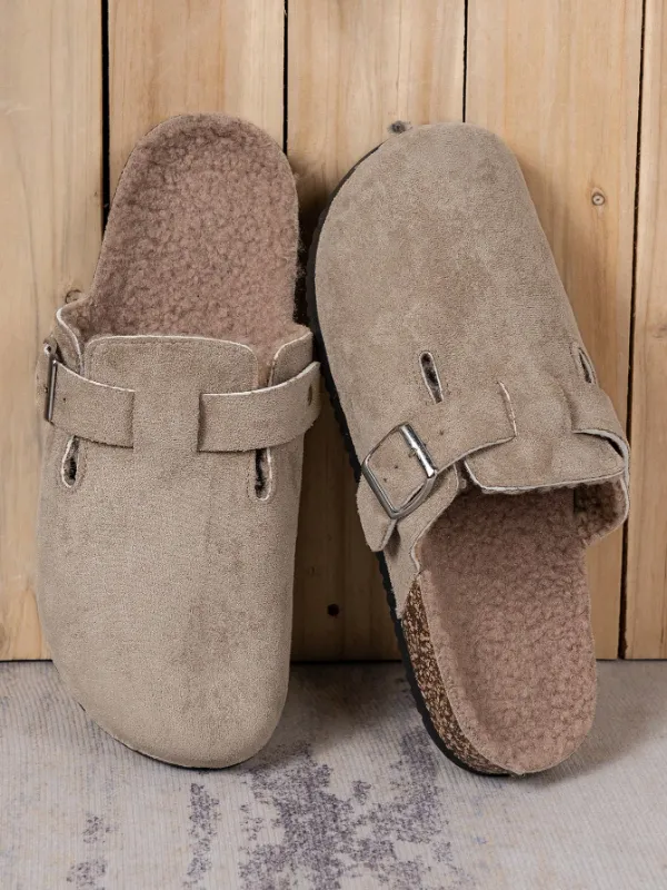 Trendy Fashion Men's Vintage Slip-On Loafers - Casual Mules with Buckle Strap, Brown F with Soft Fleece Linning