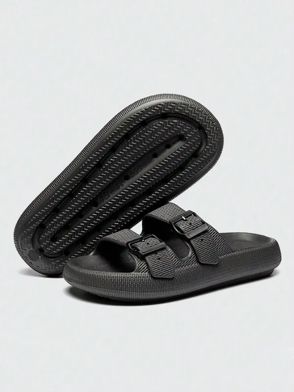 Men's / Unisex Buckle Decor Slippers, Black, Lightweight EVA Slides, Non-Slip Open Toe Shoes For Indoor Outdoor
