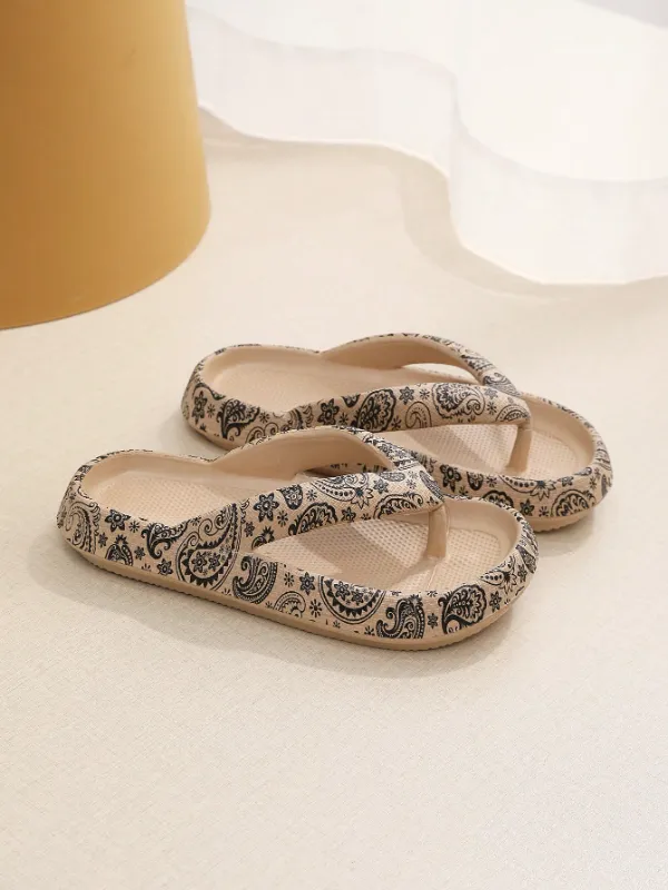Thick Sole Non-Slip EVA Comfortably Soft and Cushy Stylized Flip-Flops, Paisley Floral Pattern