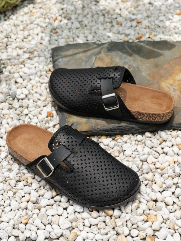 Trendy Fashion Men's Vintage Slip-On Loafers - Black Casual Mules with Buckle Strap and  Hole Patterns