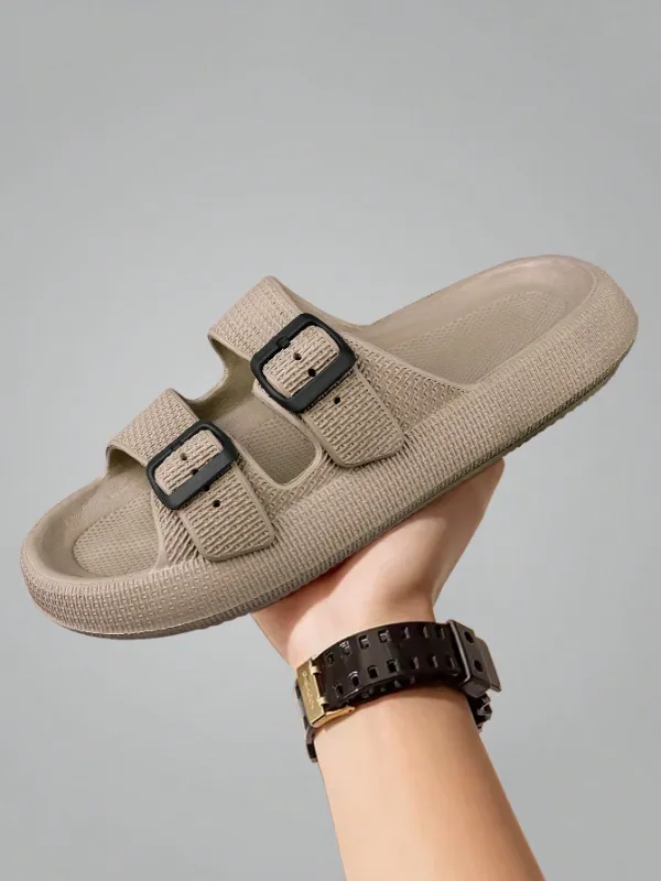 Men's / Unisex Buckle Decor Slippers, Brown, Lightweight EVA Slides, Non-Slip Open Toe Shoes For Indoor Outdoor