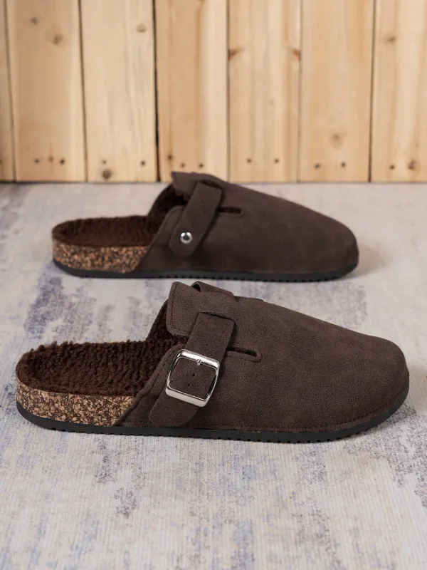Trendy Fashion Men's Vintage Slip-On Loafers - Casual Mules with Buckle Strap, Brown Soft Inner Fleece