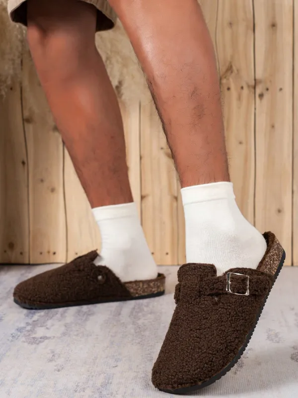 Trendy Fashion Men's Vintage Slip-On Loafers - Casual Mules with Buckle Strap, Brown Soft Fleece