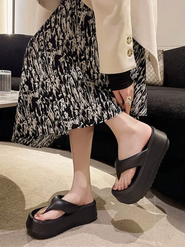 Women's 6.5cm Thick-Sole EVA, Soft Bottom Non-Slip Fashionable Goddess Style Wedge Flip Flops, Black