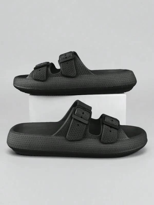 Men's / Unisex Buckle Decor Slippers, Black, Lightweight EVA Slides, Non-Slip Open Toe Shoes For Indoor Outdoor