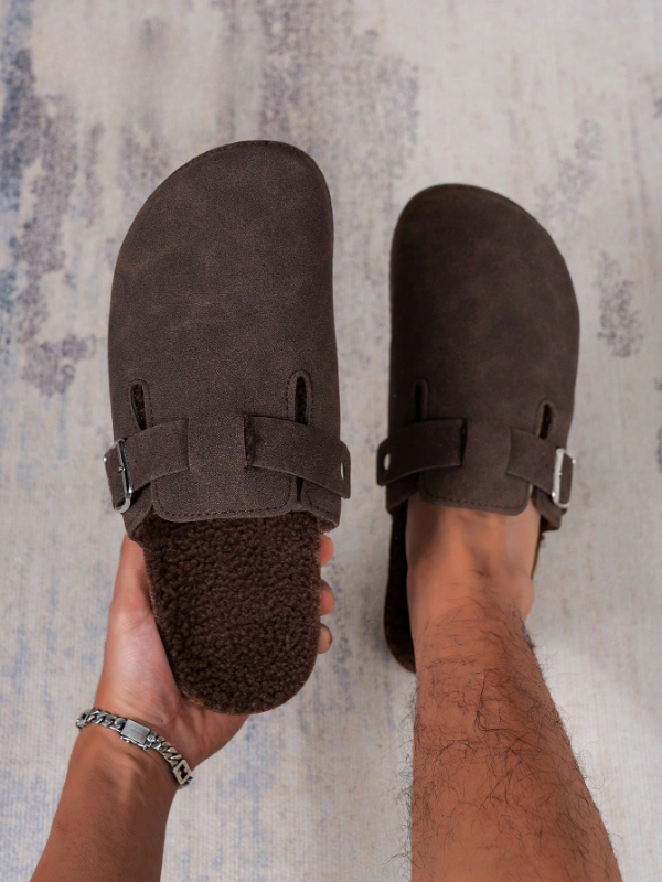 Trendy Fashion Men's Vintage Slip-On Loafers - Casual Mules with Buckle Strap, Brown Soft Inner Fleece