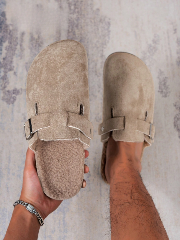 Trendy Fashion Men's Vintage Slip-On Loafers - Casual Mules with Buckle Strap, Brown F with Soft Fleece Linning