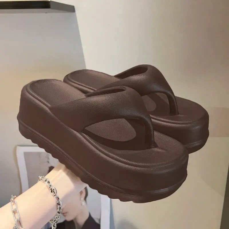 Women's 6.5cm Thick-Sole EVA, Soft Bottom Non-Slip Fashionable Goddess Style Wedge Flip Flops, Brown A