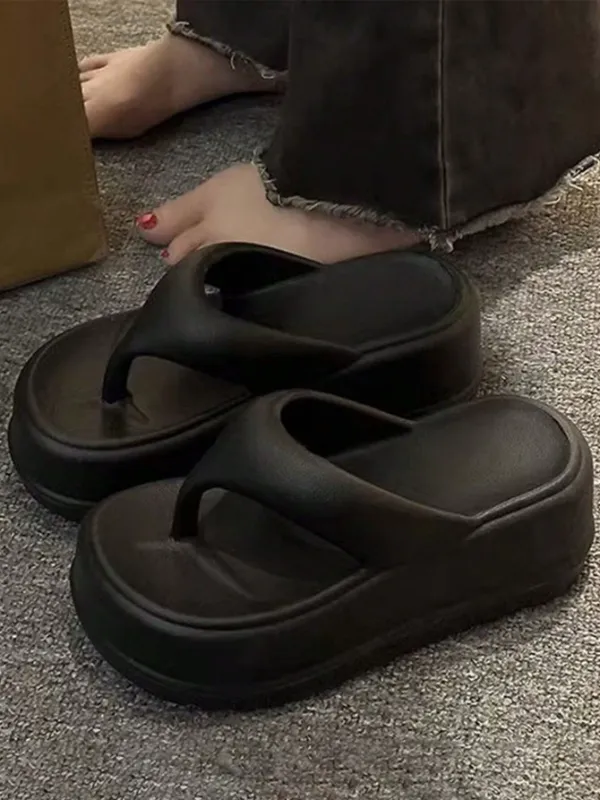 Women's 6.5cm Thick-Sole EVA, Soft Bottom Non-Slip Fashionable Goddess Style Wedge Flip Flops, Black