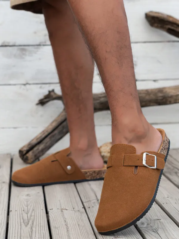 Trendy Fashion Men's Vintage Slip-On Loafers - Casual Mules with Buckle Strap, Brown C