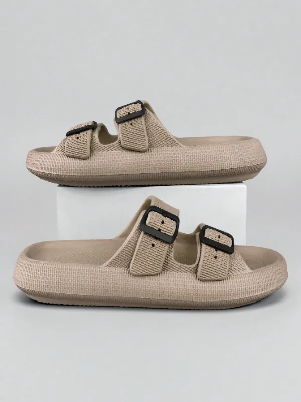 Men's / Unisex Buckle Decor Slippers, Brown, Lightweight EVA Slides, Non-Slip Open Toe Shoes For Indoor Outdoor