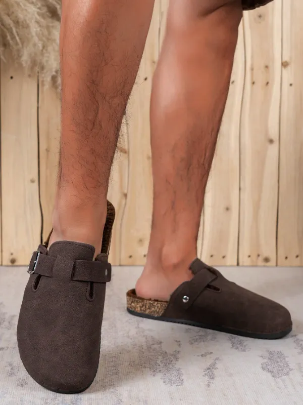 Trendy Fashion Men's Vintage Slip-On Loafers - Casual Mules with Buckle Strap, Brown Soft Inner Fleece