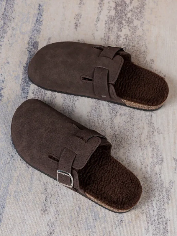 Trendy Fashion Men's Vintage Slip-On Loafers - Casual Mules with Buckle Strap, Brown Soft Inner Fleece