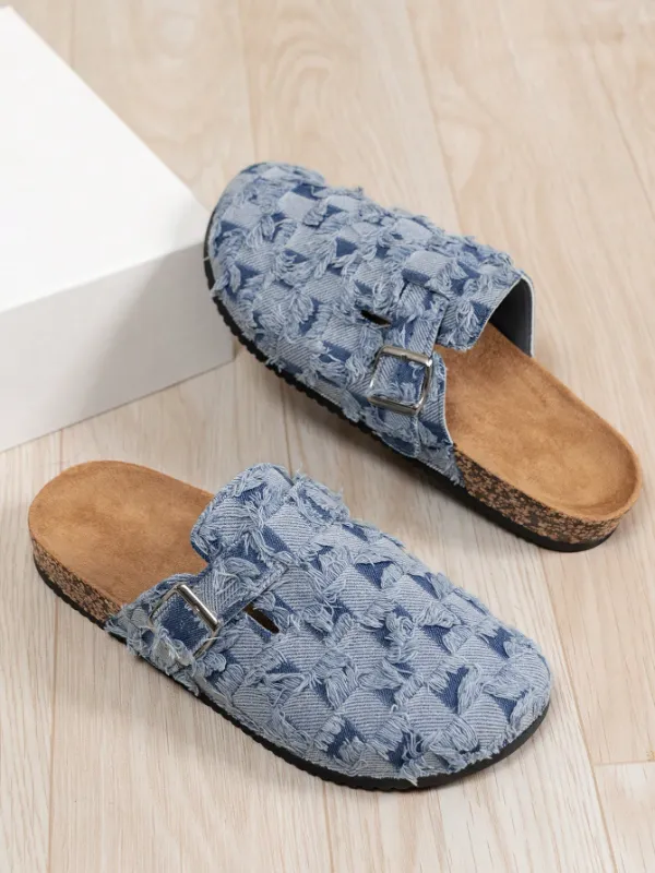 Trendy Fashion Men's Vintage Slip-On Loafers - Casual Mules with Buckle Strap, Blue Jeans Plaid Pattern