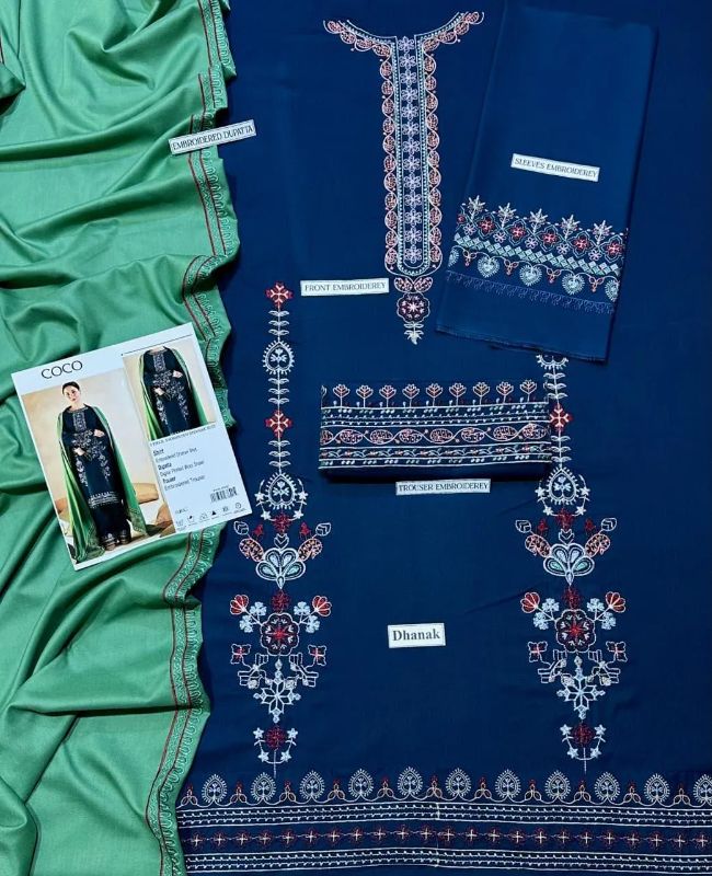 3Pcs Unstitched Embroided Suit