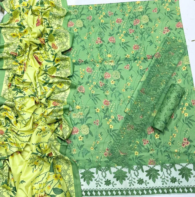 Elegant 3 pics Green Suit with Block Print and Embroidered Details