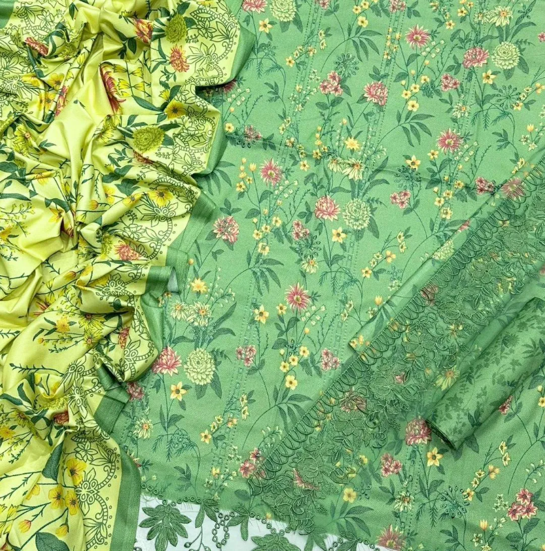 Elegant 3 pics Green Suit with Block Print and Embroidered Details