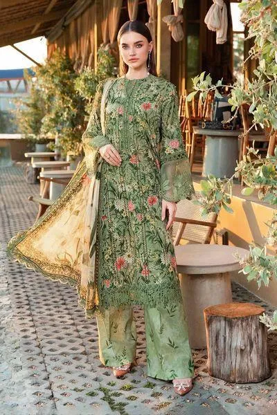 Elegant 3 pics Green Suit with Block Print and Embroidered Details