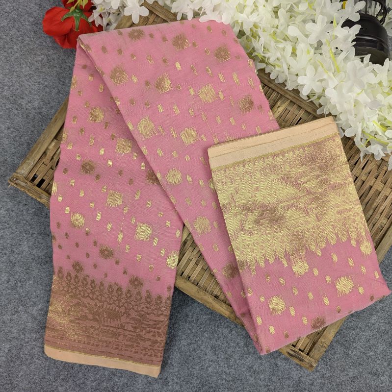 Premium Half Silk Jamdani Saree Combo Set - Pink