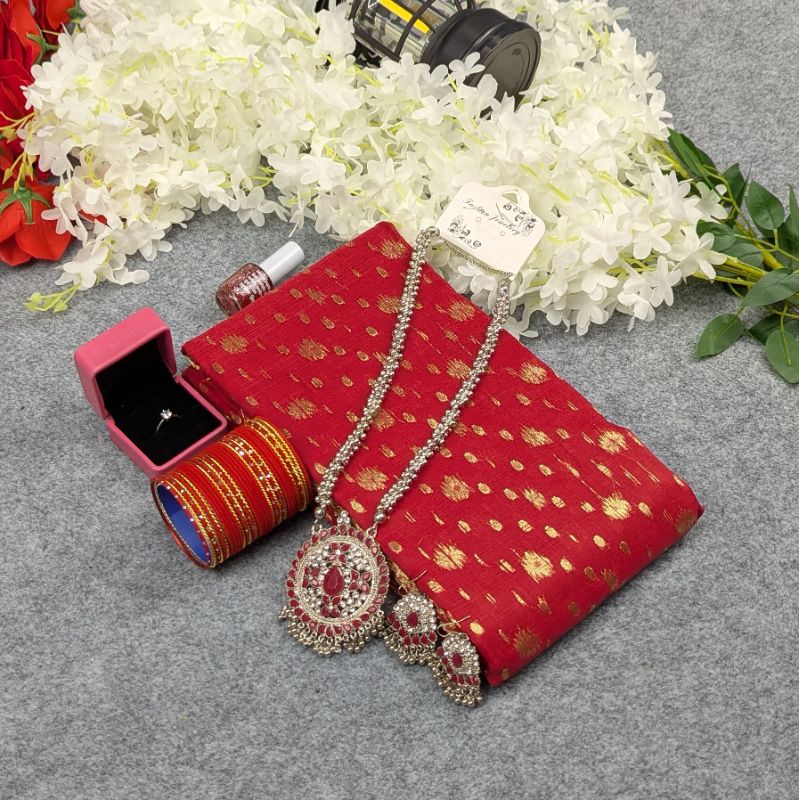 Premium Half Silk Jamdani Saree Combo Set - Red