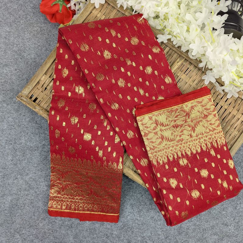 Premium Half Silk Jamdani Saree Combo Set - Red