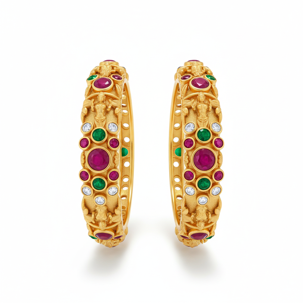 Artisanal Temple Design Gold Bangles (Pair)