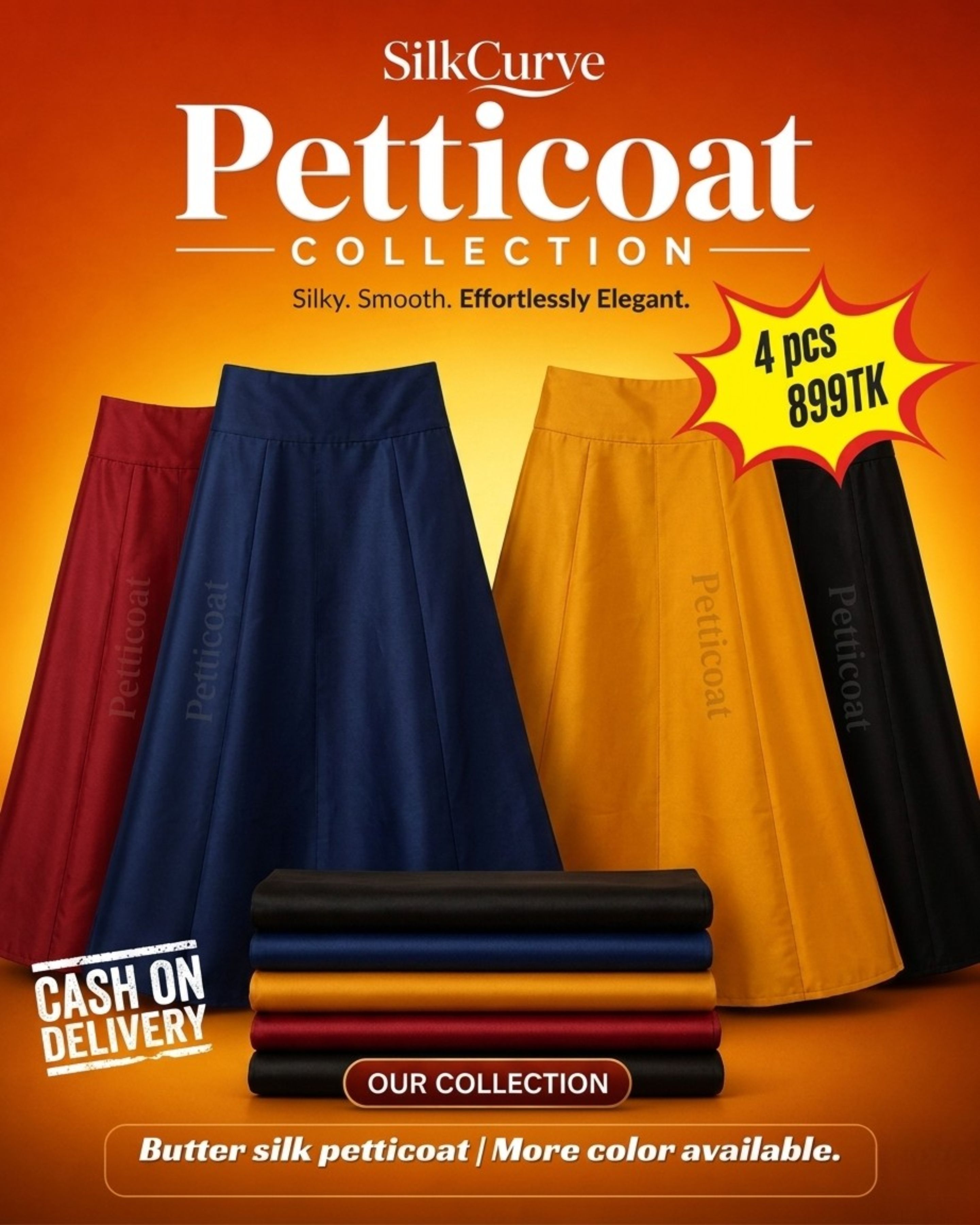 Premium Butter Silk Petticoat 4pcs Combo (Color available)