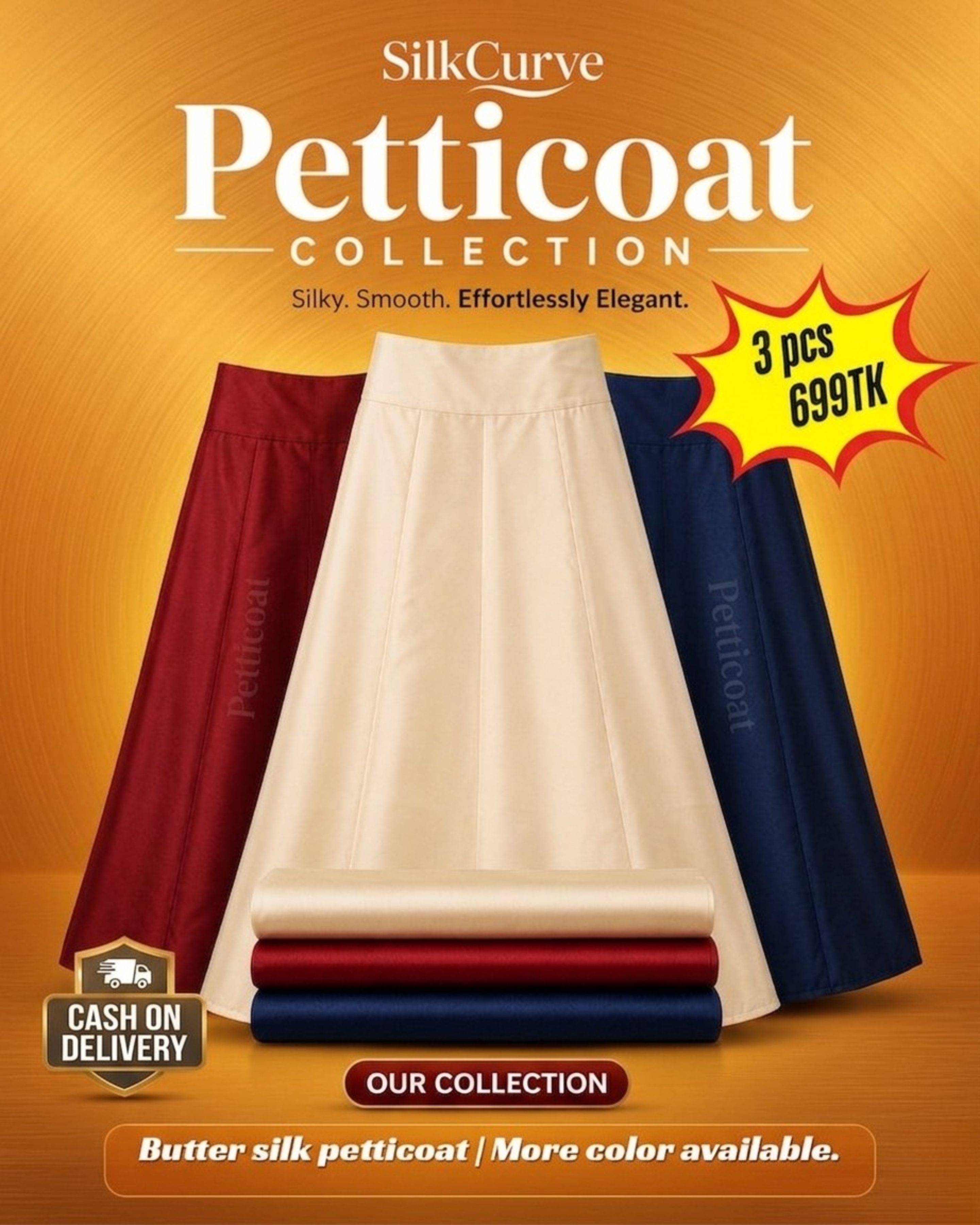 Premium Butter Silk Petticoat 3pcs Combo (Color available)